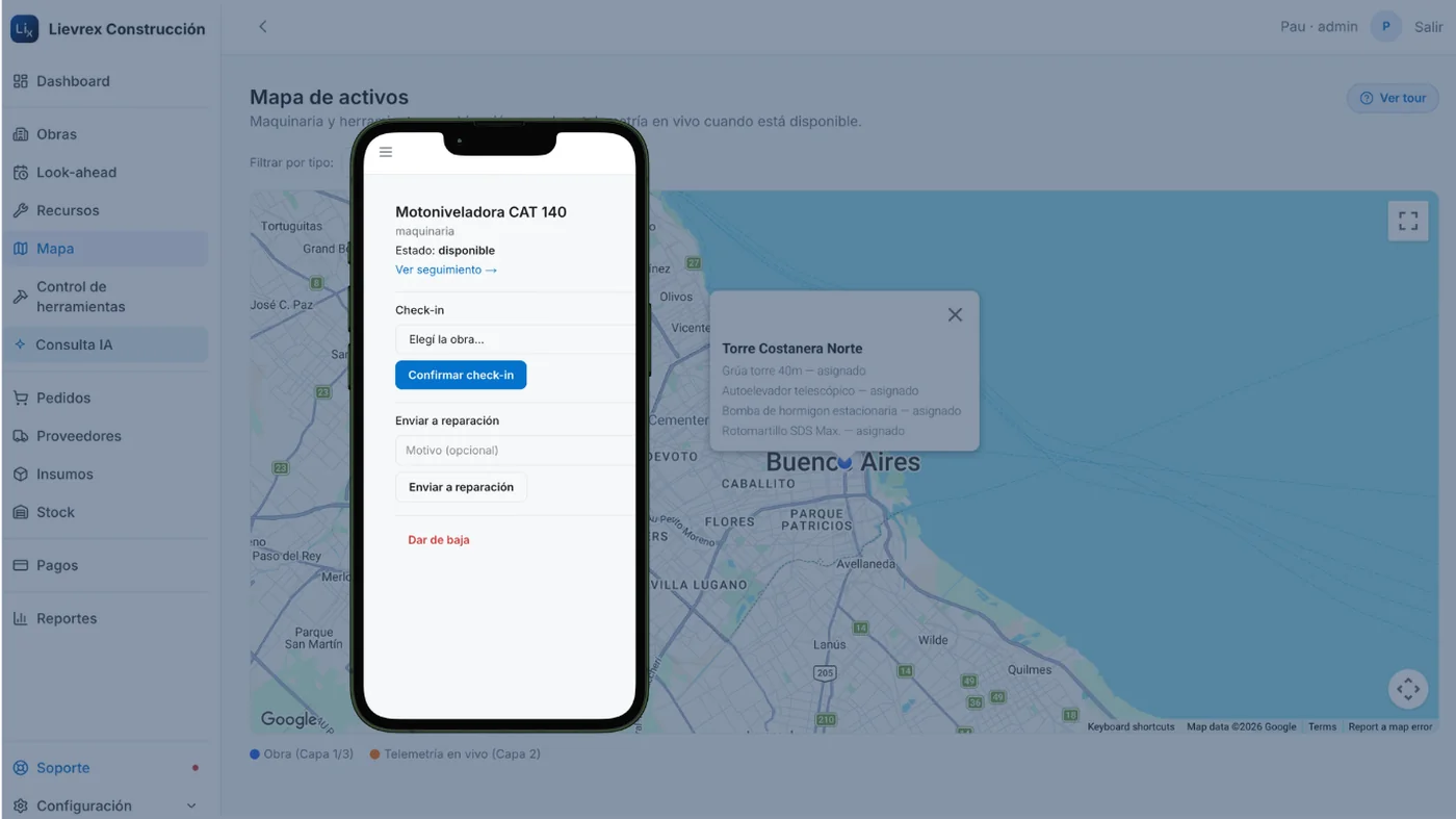 Check-in de maquinaria desde el celular, con opciones de enviar a reparación y dar de baja